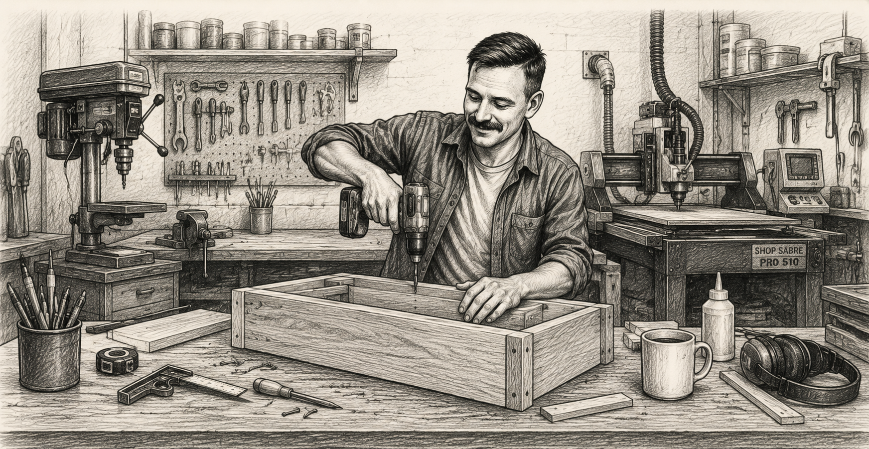 Craftsman working in a workshop with hand tools and a CNC machine